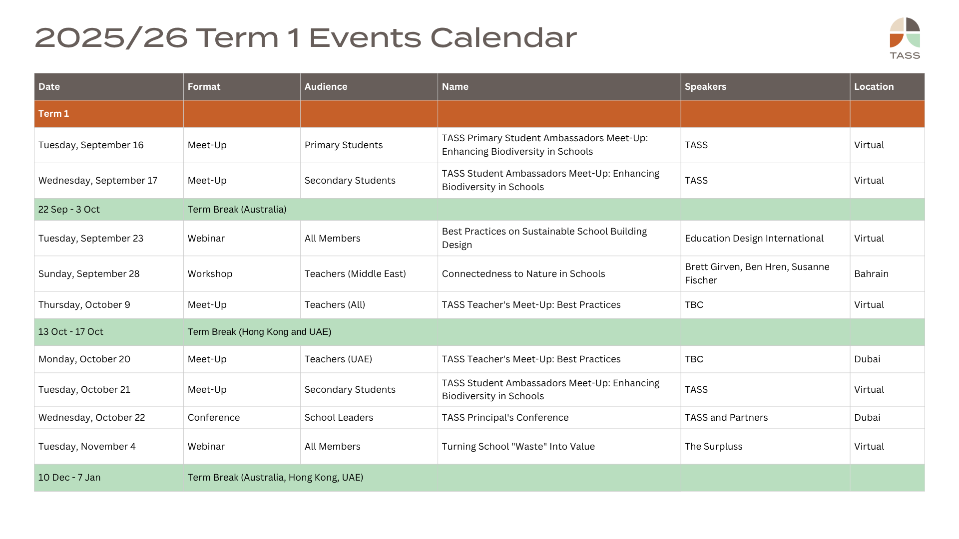 2025/26 Term 1 Events Calendar